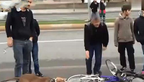 铲屎官牵着比特犬散步，结果比特犬突然发狂，咬住自行车不松口